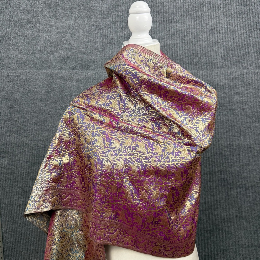 Elephant Peacock Scarf Purple Gold Iridescent Brocade Fringe Wrap Shawl Boho
